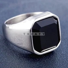 Black Onyx Emerald Cut Gemstone With 925 Sterling Silver Ring For Men's #B875