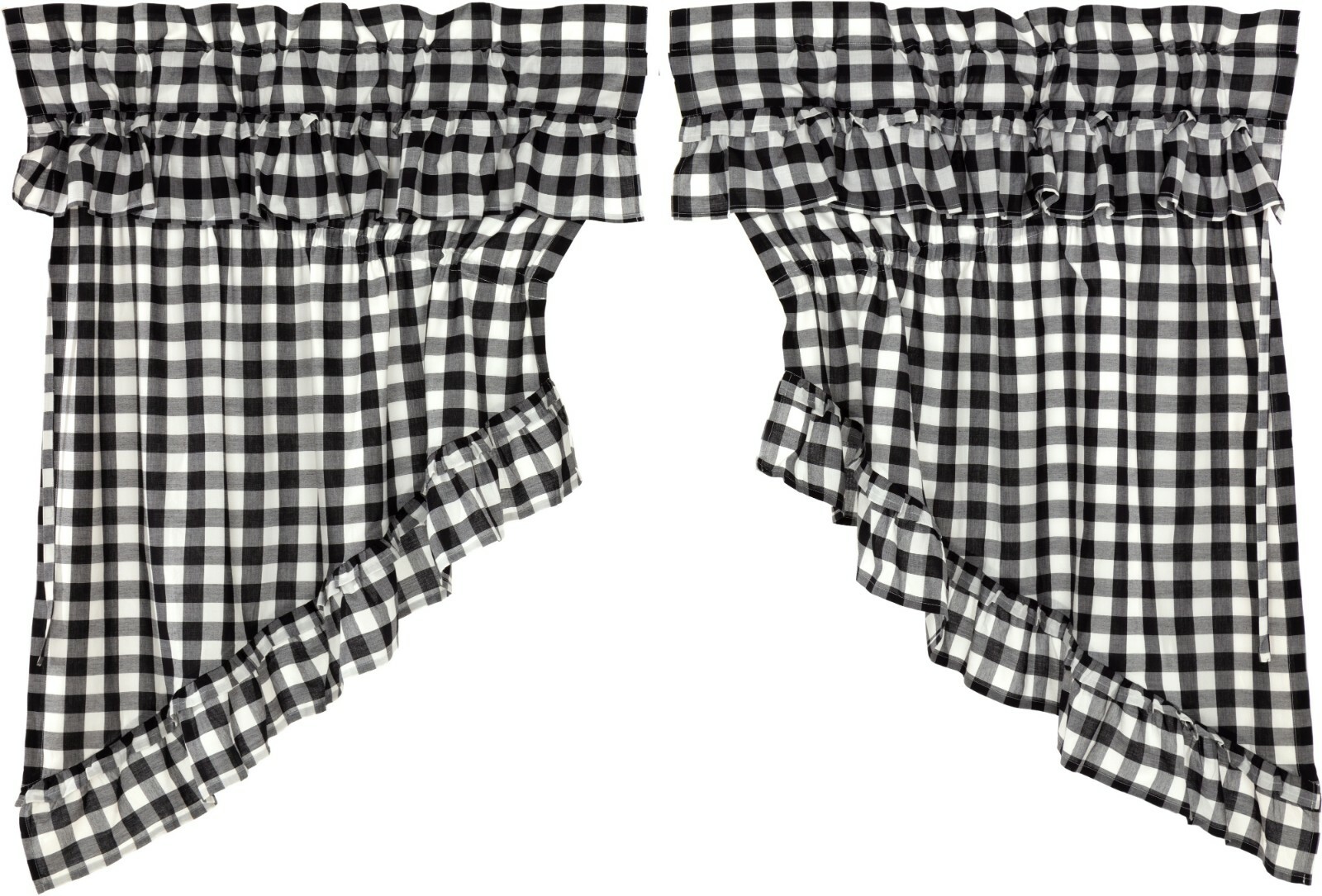 36” L Country Black Buffalo Check Ruffled Drawstring Prairie Swag Lined Annie