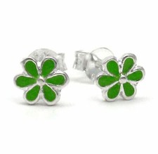Sterling Silver Enamel Daisy Flowers Stud Post Earrings, Green