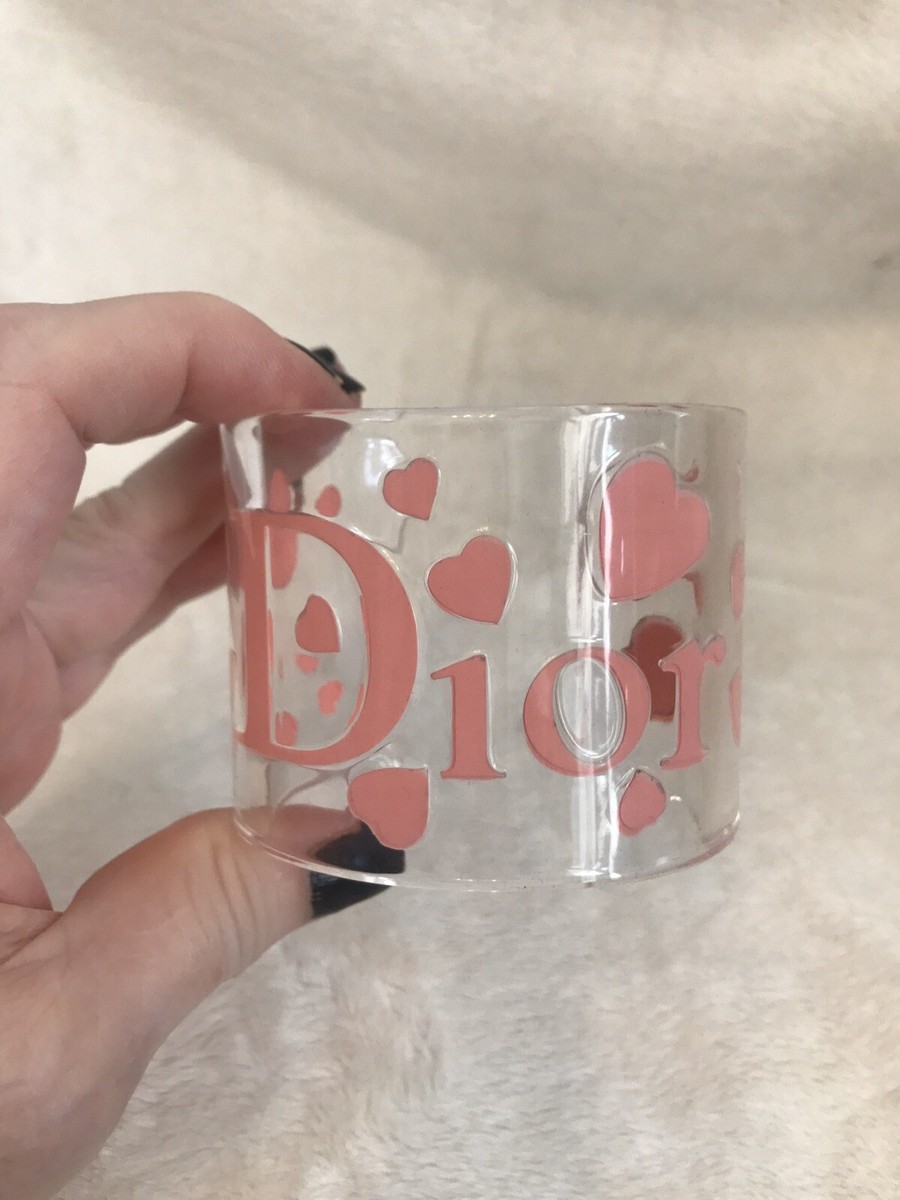 NEW CHRISTIAN DIOR Clear Resin PINK HEARTS D-I-O-R Logo Cuff