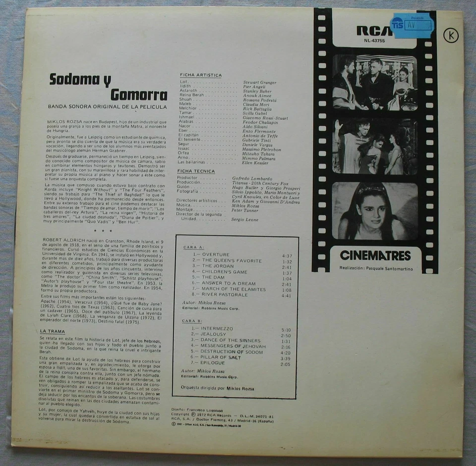 OST038) Sodom And Gomorrha Sodoma Gomorra Spanish LP Rozsa Rca NL-43755 - Image 2 of 3