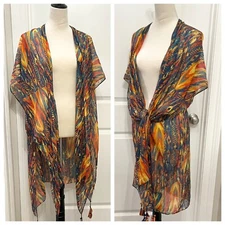 Bright Abstract Print Colorful Wearable Long Scarf Kimono Cover Up- Tassel- OS