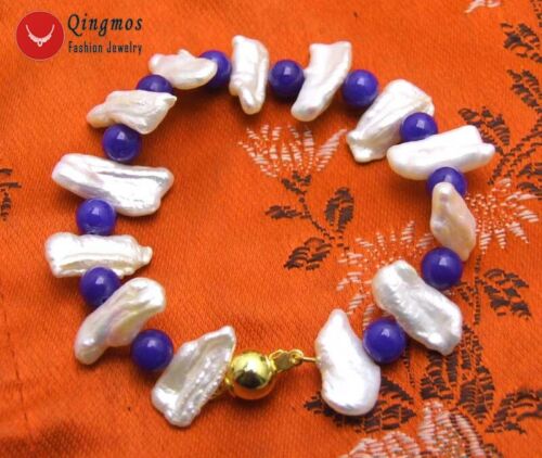 12-15mm White Natural Biwa Pearl Bracelet for Women 6mm Round Blue Jade 7.5'' - Picture 1 of 20