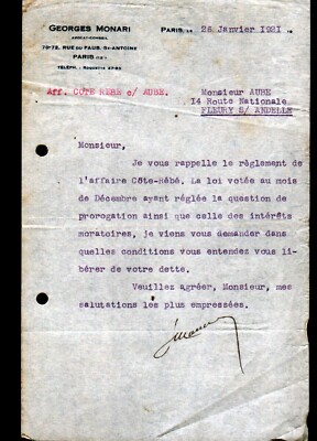 PARIS (XII°) LAW FIRM ''Georges MONARI'' letter in 1921