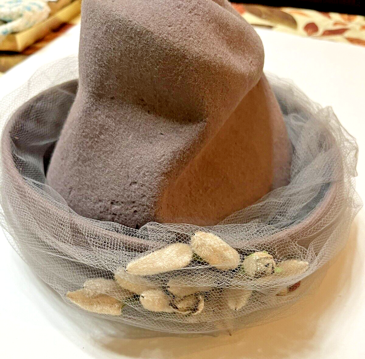 Vintage Women's Hat Glenover Henry Pollak Wool &Tulle Grey Flowers