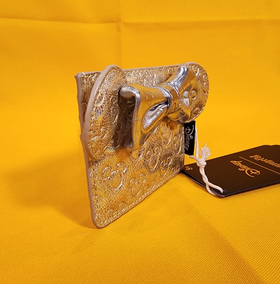 Tarjetero acolchado Loungefly Disney Minnie Mouse arco metálico dorado plateado NUEVO Foto 3 de 4