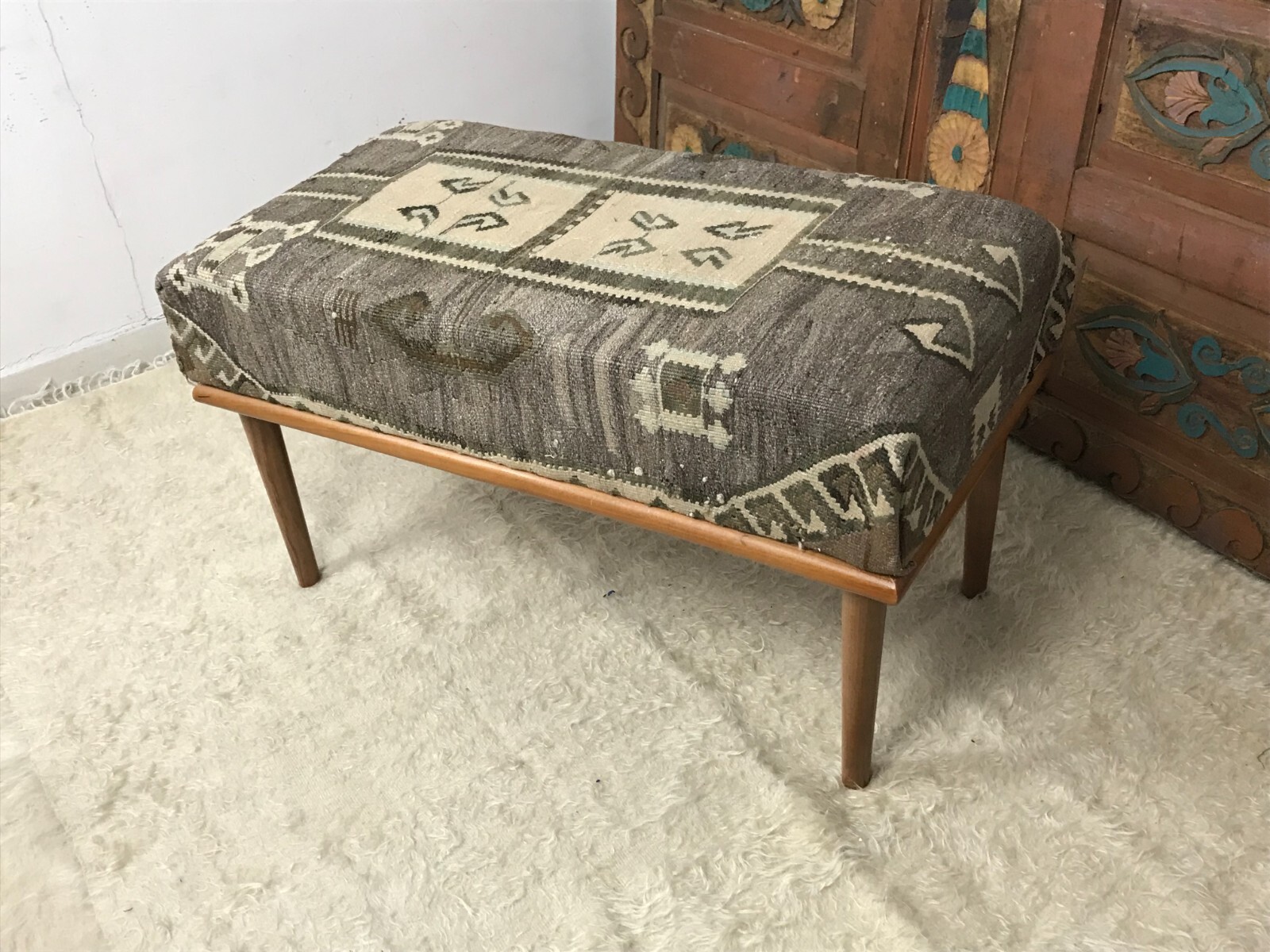 Handmade Kilim Upholstered Ottoman Footstool Piano Entryway Bedroom Bench
