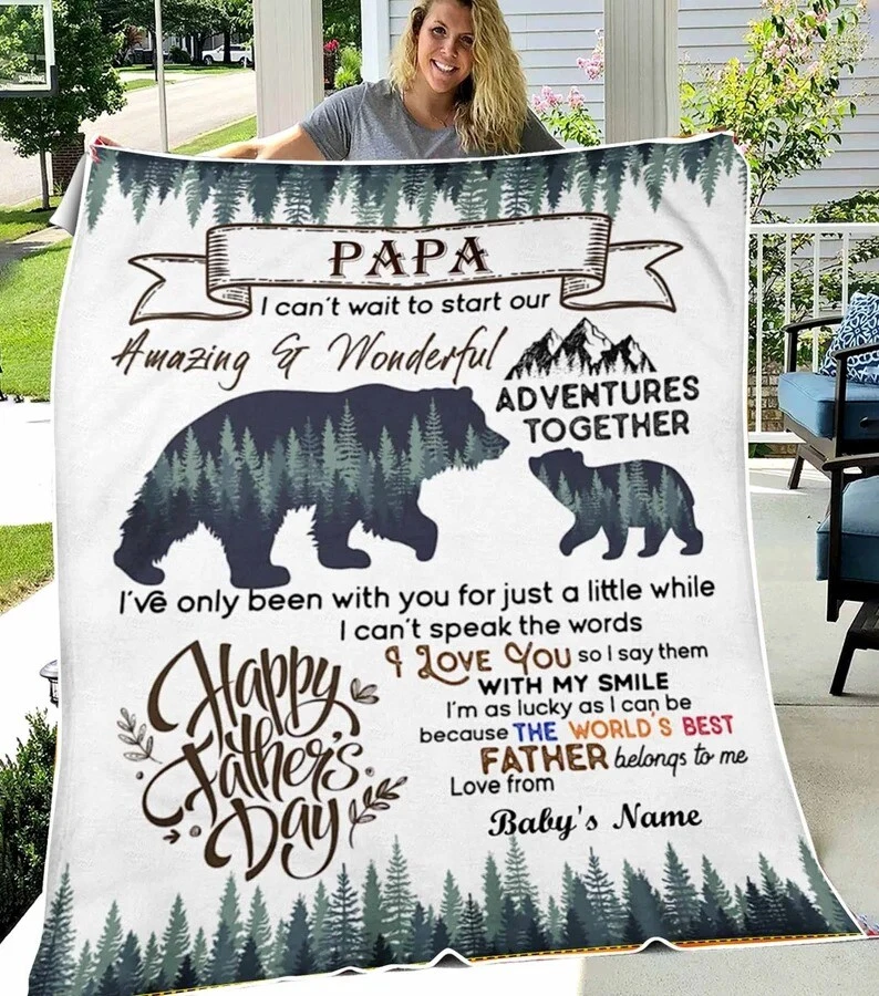 Custom Papa Bear Father s Day Gift For Papa From Baby bear Fleece Blanket