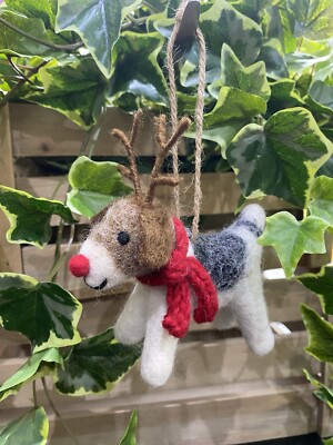 Handarbeit Nadelfilz Foxterrier Hund mit Geweih Weihnachtsdeko Geschenk 