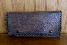 Hand Tooled Vintage Brown Leather Embossed Wallet Checkbook Cover "CR" Initials