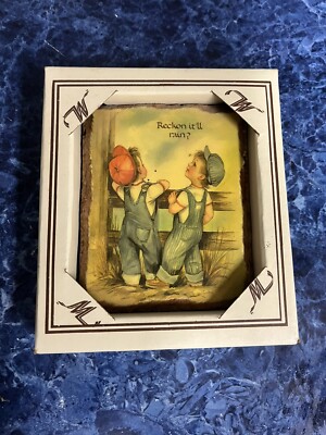 Vintage Coby Art Print Decoupaged Wood  Reckon It ll Rain?'' Little Farmer Boys