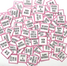 Image of 80+ Mini Square PINK MIXED MESSAGES SENTIMENTS -PRINTED CARD TOPPERS 2.5cm