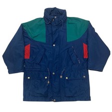 VTG London Fog Colorblock Full Zip Blue Jacket Parka L Pockets Fold Up Hood