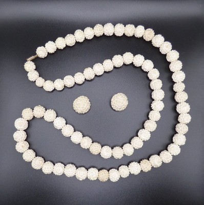 Carved Vintage Meerschaum Ivory Floral Necklace & Clip Earring Set from Turkey