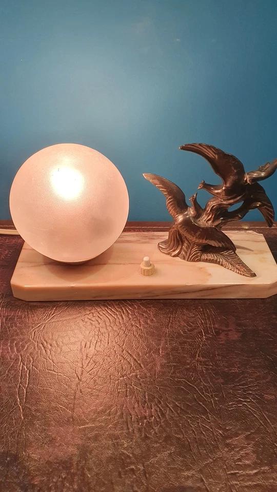 Ancienne Lampe De Chevet sur Marbre couple d'oiseaux Art Déco 1930 - Photo 2/4