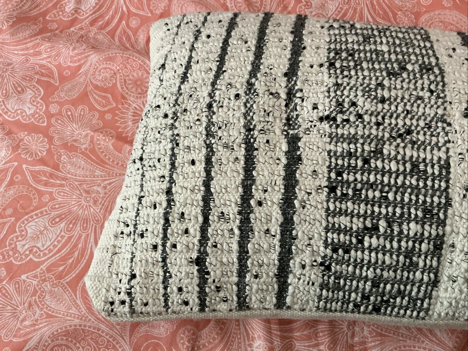 Pottery Barn pillow neutral Grey Black Stripe And Off White W Zipper Rectangle - Image 3 of 4
