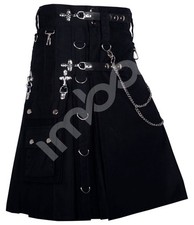 Men's Gothic Utility Kilt Black Cotton Silver Accessories Custom Size Pockets