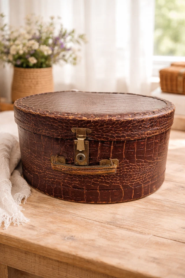 Boîte à chapeau vintage ronde simili cuir croco marron poignée hat box ancienne - Photo 1/4