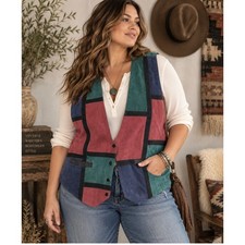 Vintage 90s Northwest Territory Suede Leather Patchwork Vest 2X Western Boho