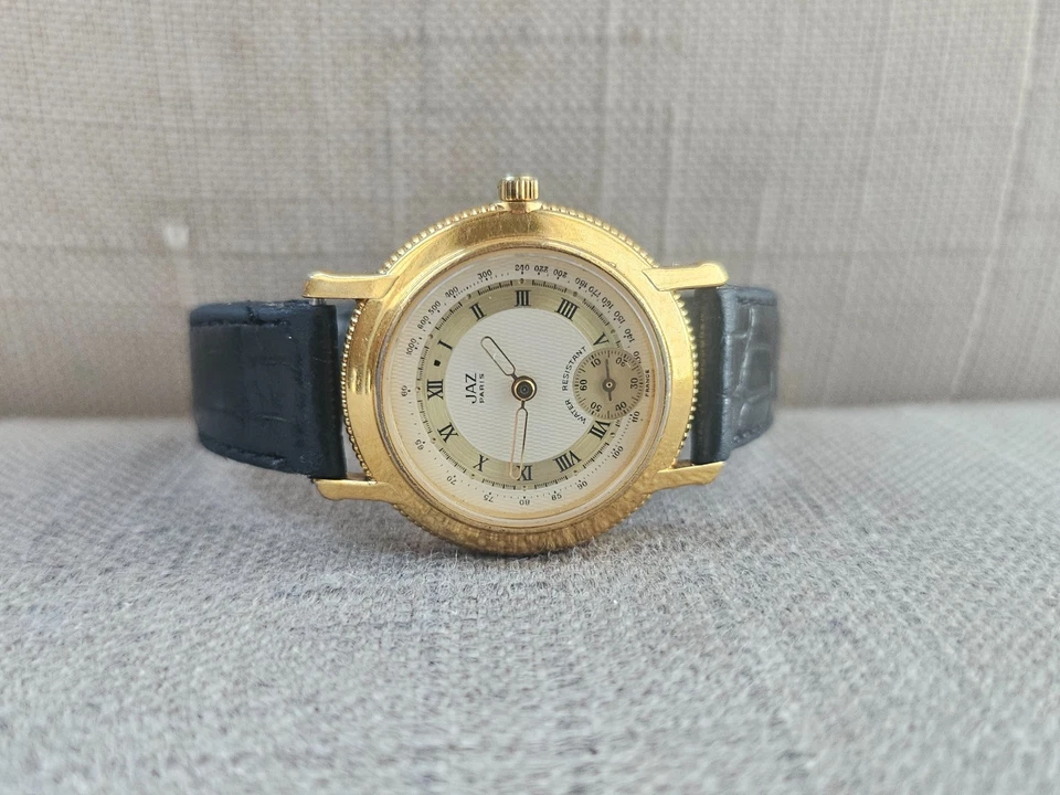Reloj Jaz Paris Francia Damas Estuche Tono Dorado Analógico Correa Cuero Negro Reloj Foto 3 de 4