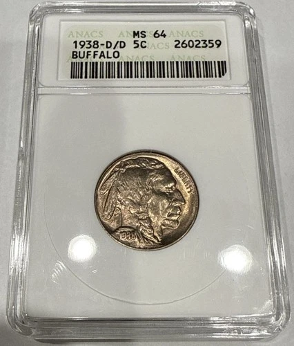 1938-D/D Buffalo Nickel MS64 5c ANACS Soapbox Holder - Beautiful Toning RPM