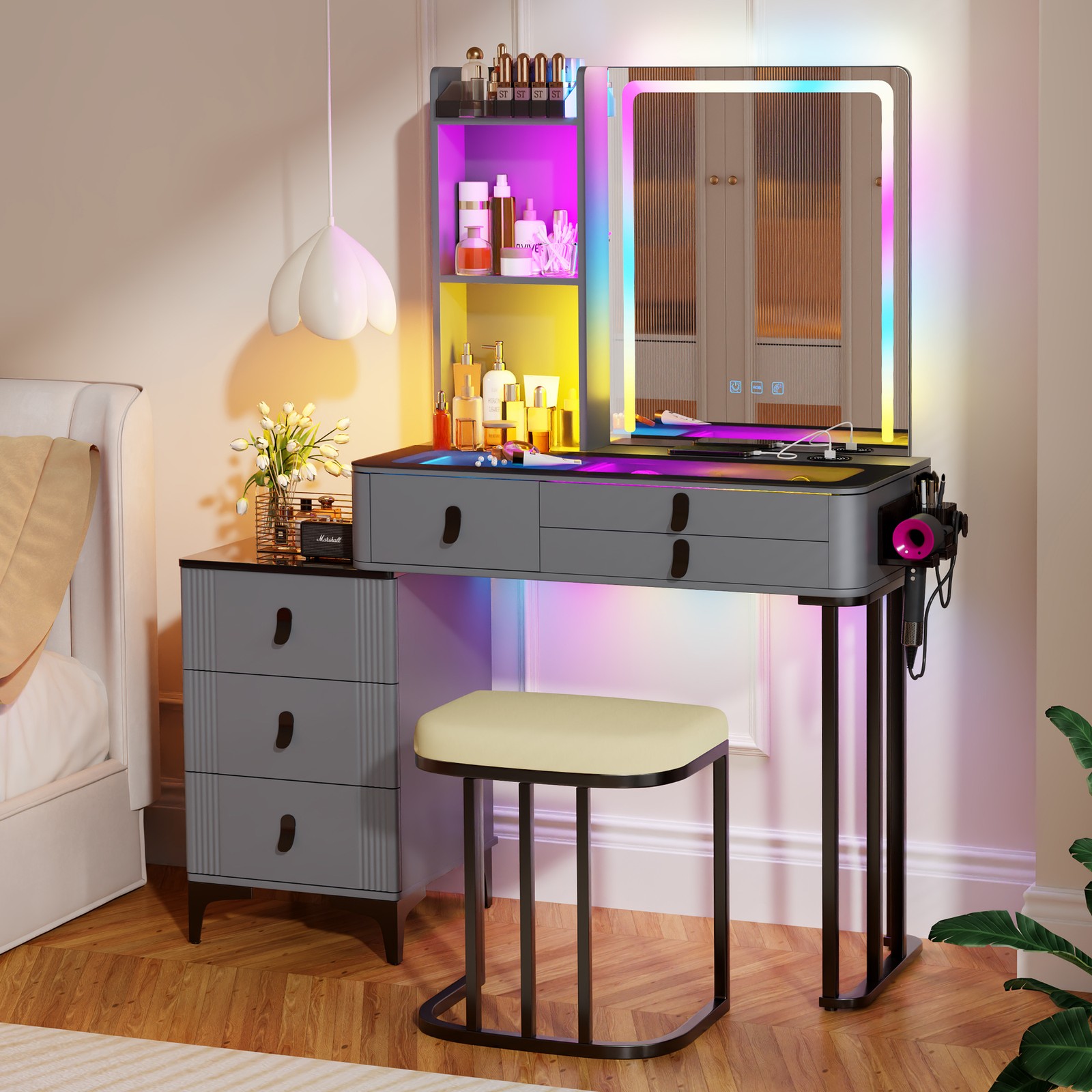 Makeup Vanity Desk with Mirror & Lights, Vanity Table Set with Charging Station