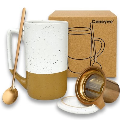 Ceramics Large Tea Cup with Loose Leaf Infuser, Spoon and Lid, 16 oz Tall Cof...