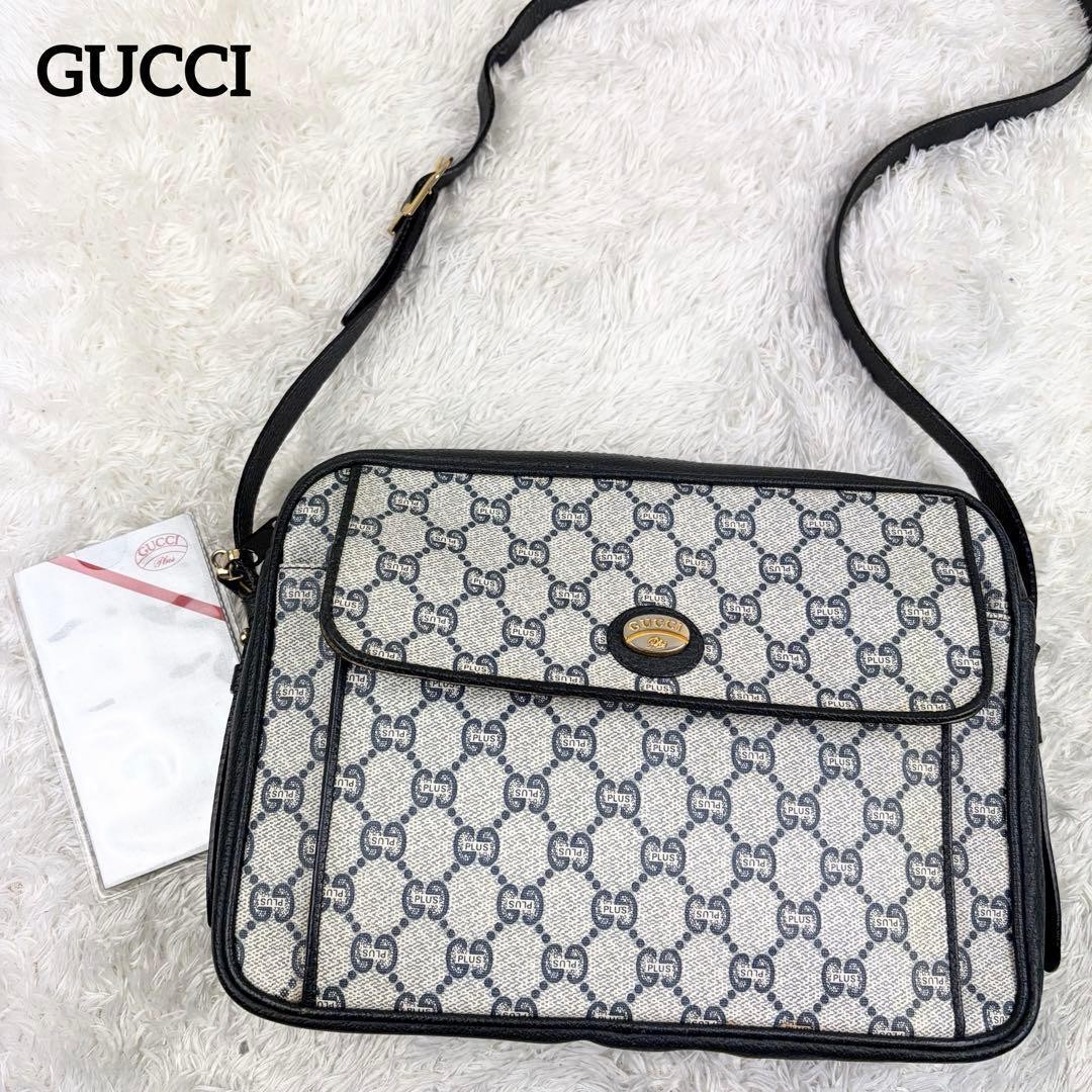 GUCCI Old Gucci GG Plus Supreme Shoulder Bag Navy PVC Leather Vintage