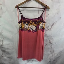Free People Nightgown Womens Medium Pink Coral Burgundy Floral Tank Striped
