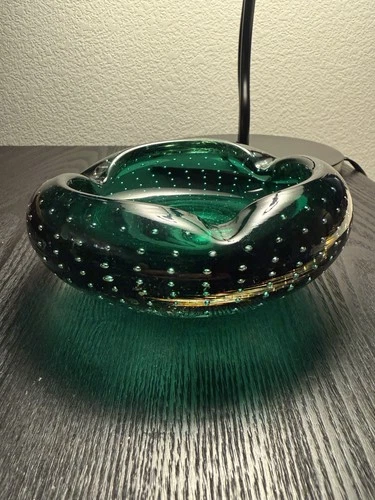 Murano Vintage Art Glass Ashtray Green Bowl Controlled Bubbles Bullicante