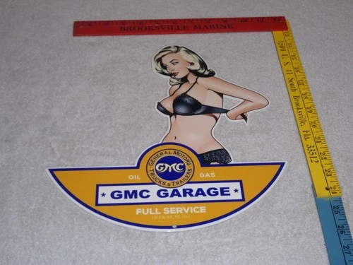 VINTAGE GENERAL MOTORS TRUCK TRAILER SERVICE GARAGE 👩 WOMAN METAL GASOLINE SIGN
