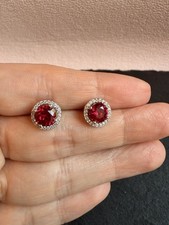 1 CT Round Ruby Halo Earrings, Lab Grown Ruby Studs, 18K White Gold Plated S925