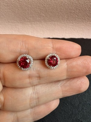1 Karat runde Rubin Halo Ohrringe, Lab gezüchtete Rubin Ohrstecker, 18K Weißgold vergoldet S925