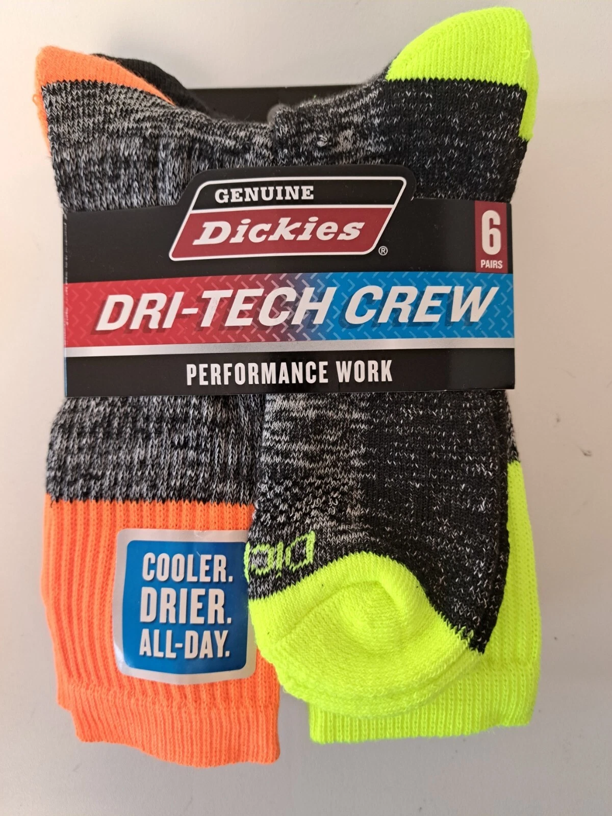 Dickies High Visibility 6 Pairs Crew Socks Yellow Orange Black Men's Size 6-12