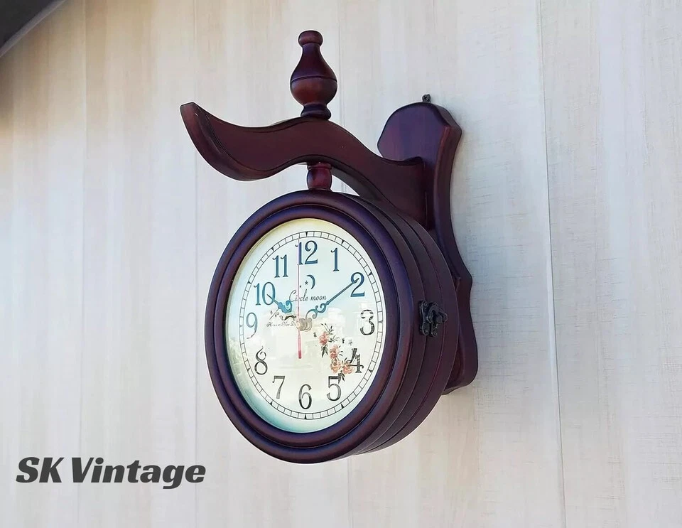 Reloj de Pared Doble Cara Madera Marrón Estilo Antiguo Estación Decoración Navidad Regalo Foto 3 de 4
