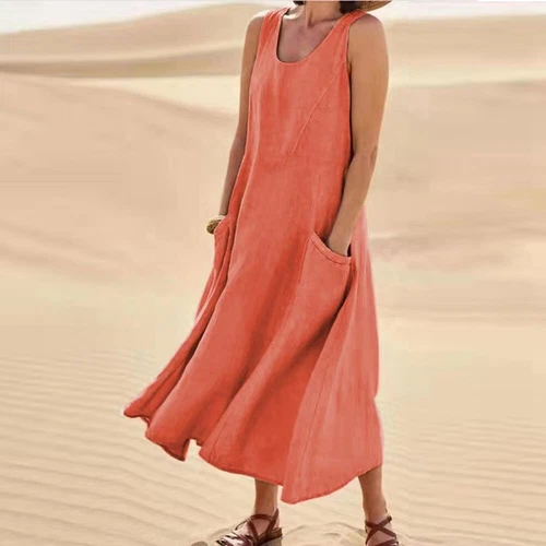 Damen Leinen Ärmellos Maxikleid Damen Tank Taschen Sommer Sommerkleid⭐ - Bild 8 von 26