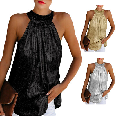  Damen Ärmellose Bluse Glitzer Riemchen Neckholder Cami Top Abend Party Top