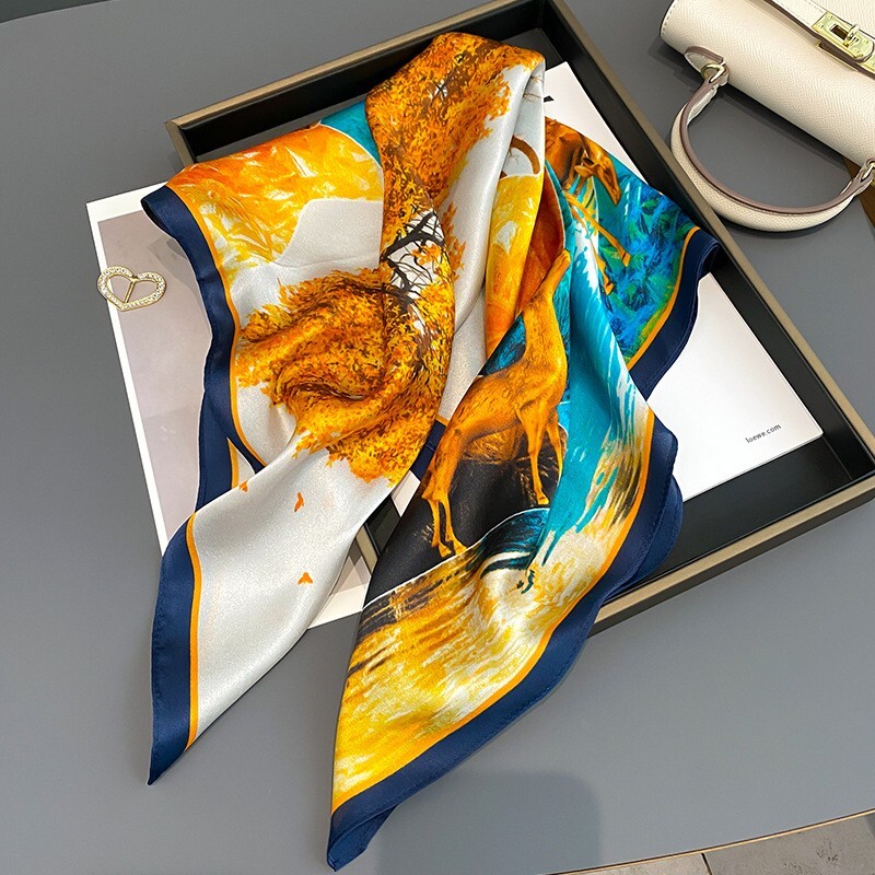 100% Pure Silk Golden Blue White Deer Print Square Scarf for Women 68x68