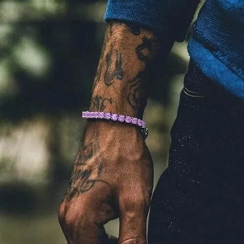 20 Ctw Lab Created Amethyst 14K White Gold Plated 5 MM Tennis Men's Bracelet 8" - Image 2 of 3