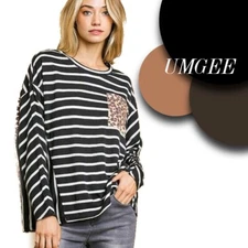 SML  UMGEE BLACK  Leopard & Striped chest pocket Top/Shirt/Blouse BHCS