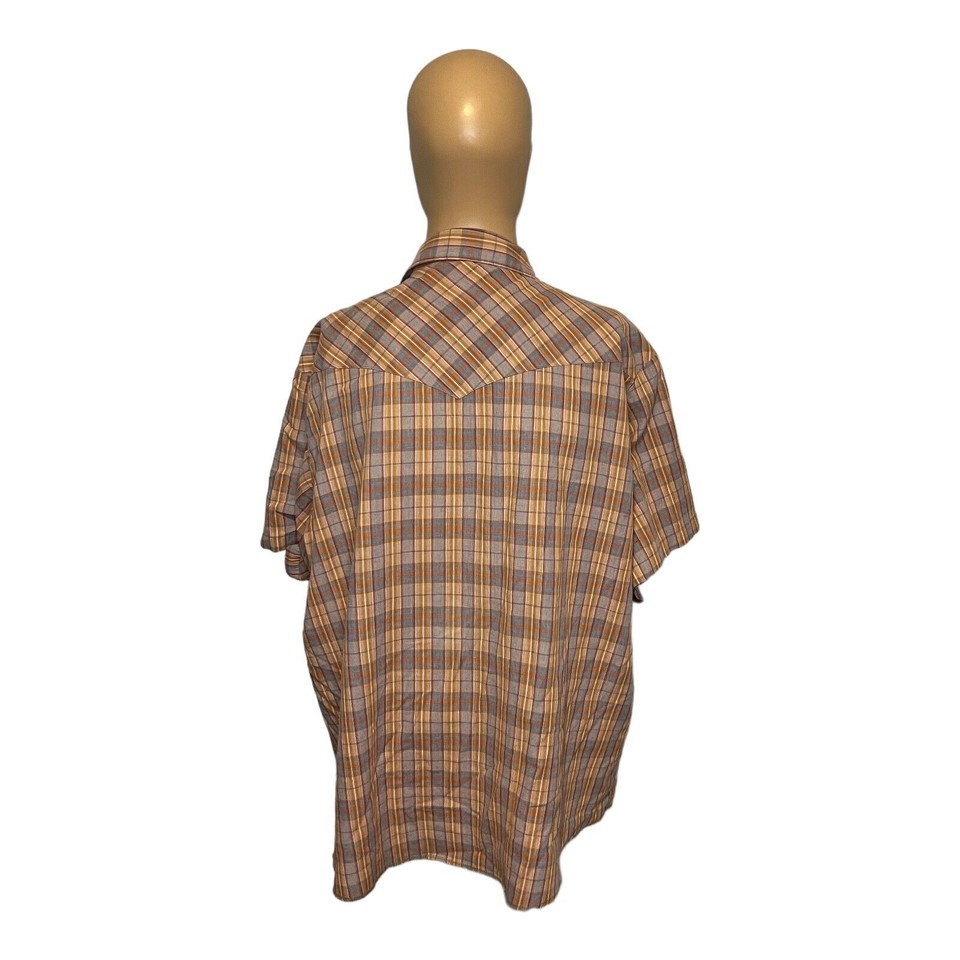Vintage Wrangler Western Shirt Mens 2XL Pearl Snaps Plaid Brown Short
