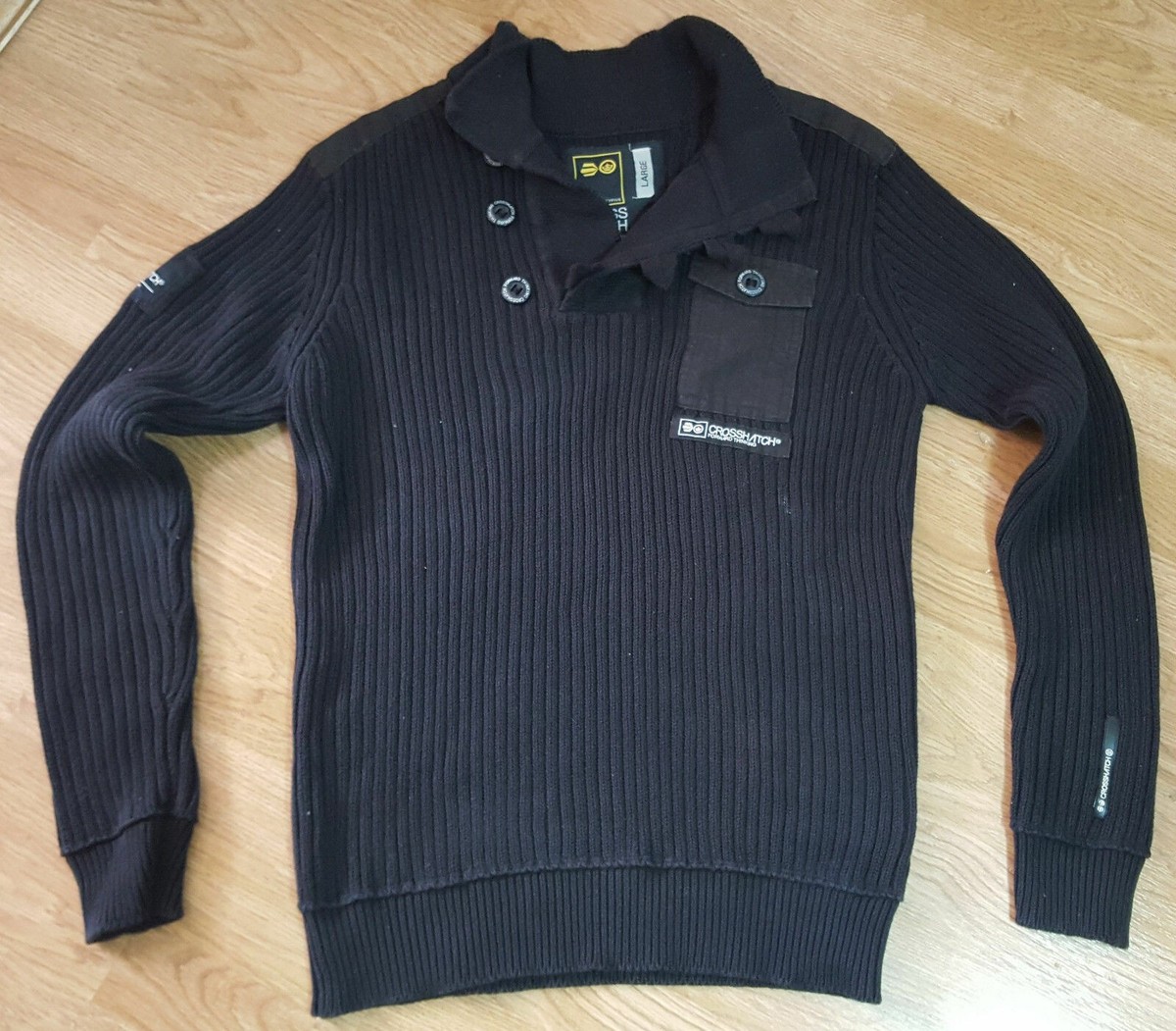 Crosshatch Pendalton Knitted Funnel Neck Jumper Sweater Top Black