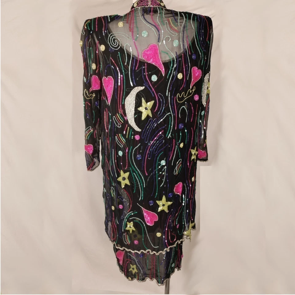 Judith Ann Plus 1X Sequin Beaded Multicolor Sheer Duster and Dress Set Vtg - Image 3 of 4