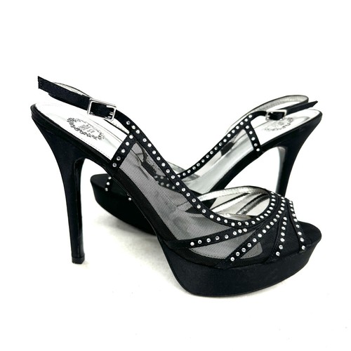 I Miller Women Size 9.5 Black Fabric Rhinestones High Heel Platform Sandal Shoe - Picture 5 of 10