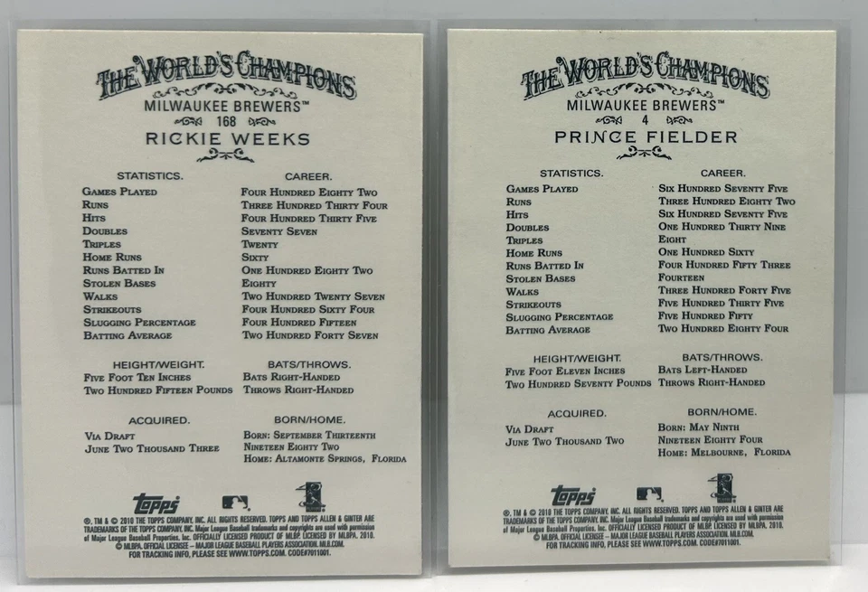 Tarjetas Allen & Ginter 2010 firmadas por Prince Fielder & Rickie Weeks A&G Auto Topps Foto 2 de 2