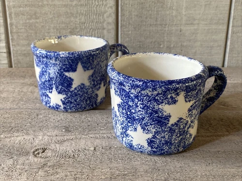 Hartstone USA Pottery Sponge Glaze Star Mugs Set/2