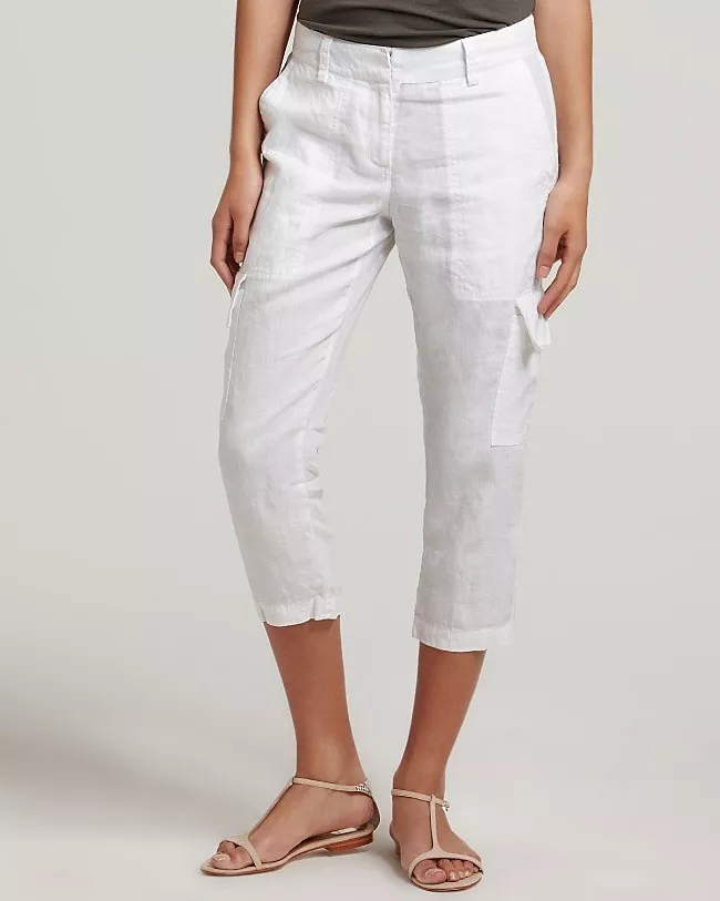 Eileen Fisher Organic Linen White Cropped Capri Cargo Pants