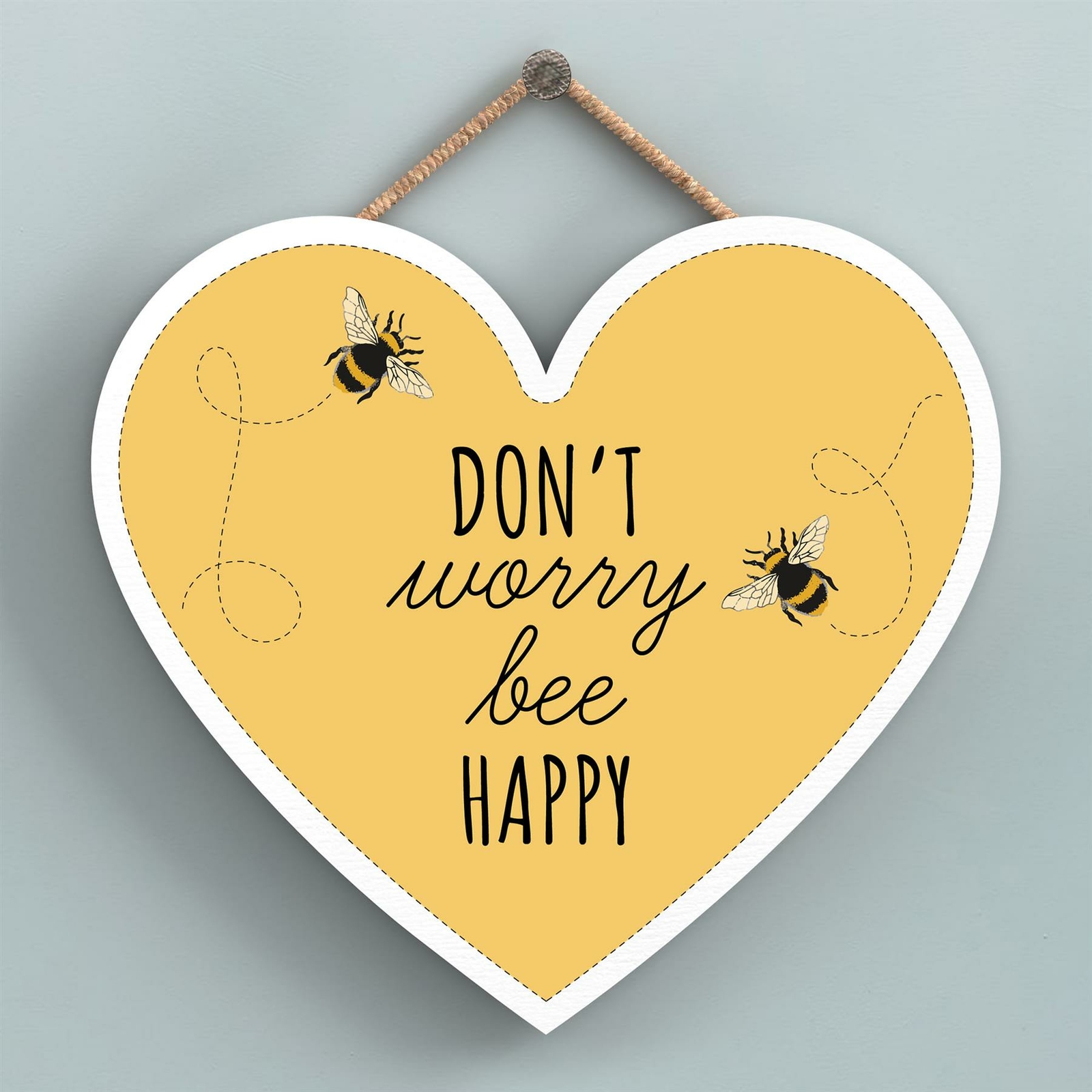 DON'T WORRY BEE HAPPY YELLOW BEE THEMED DECORATIVE WOODEN HEART SHAPED PLAQUE
