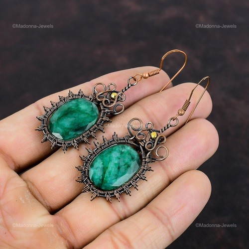 Mothers day Sale Copper Zambian Emrald Stone Dangle Drop Wire Wrapped Earrings - Picture 5 of 13