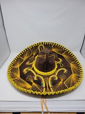VTG MEXICAN PIGALLE XXXXX SOMBRERO MARIACHI HAT Brown Velvet Yellow Trim Multi